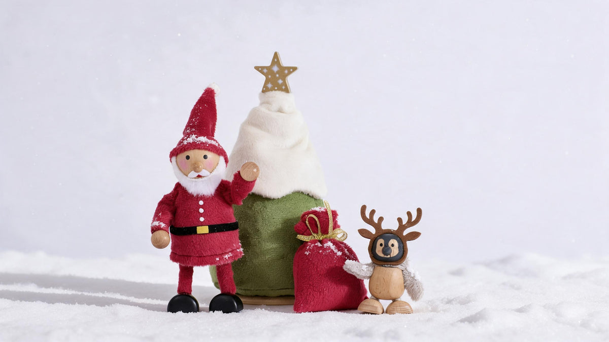 Cheery Santa waving in the snow beside his Christmas tree, sack and penguin in reindeer ears