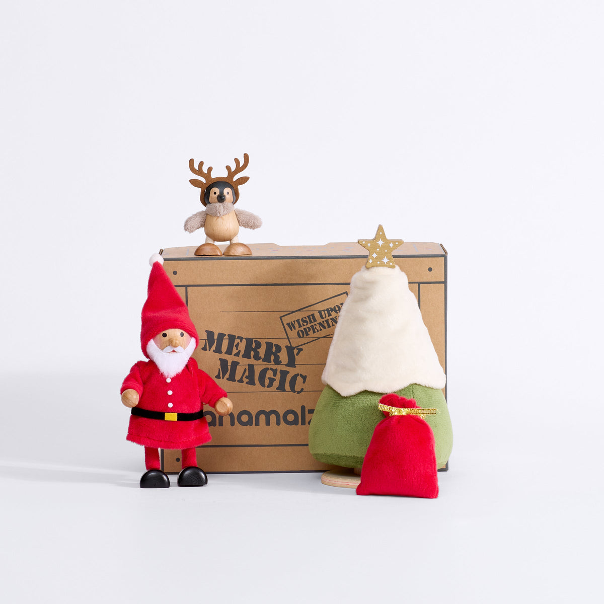 Cheery Santa with the Merry Magic gift box, baby penguin in antlers, Christmas tree and red sack