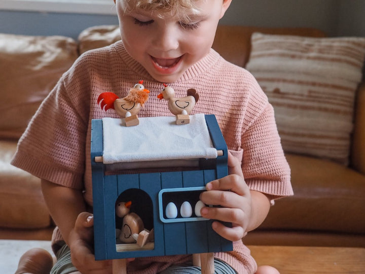 A child playing with the Chook Mahal chickens